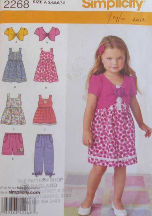 SIMPLICITY 2268 GIRLS DRESS OR TOP-PANTS/SHORTS/KNIT PULLOVER TOP SIZE 3-8 YEARS COMPLETE ALL SIZES