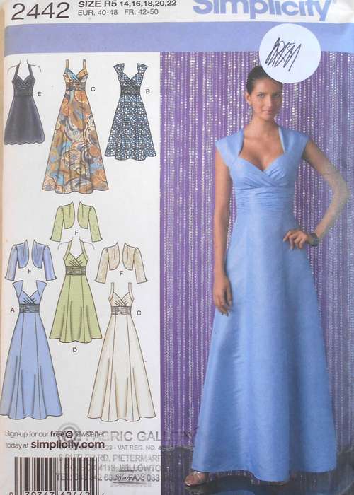SIMPLICITY 2442 STUNNING DRESS IN 3 LENGTHS+BODICE VARIATIONS & BOLERO SIZE 14-22 COMPLETE CUT TO 22