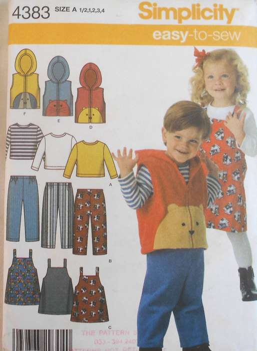 SIMPLICITY 4383 TODDLERS PANTS-PINAFORE-HOODIE & KNIT TOP SIZE 6 MTHS 1-3 YR COMPLETE-ALL SIZES