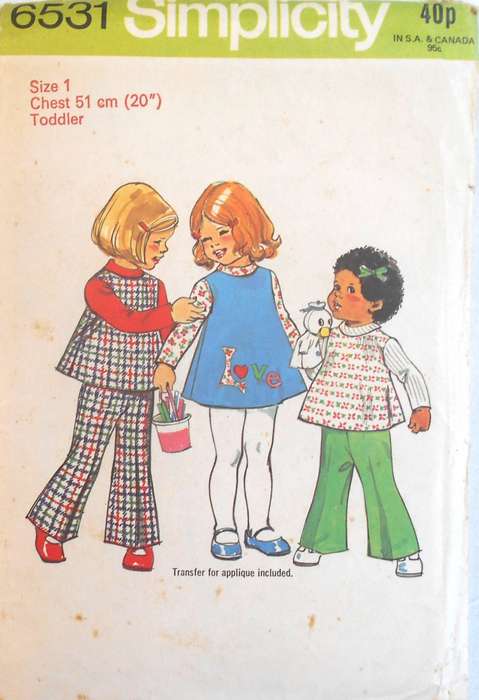 SIMPLICITY 6531 TODDLERS DRESS OR TOP & BELL BOTTOM PANTS+TRANSFER SIZE 1 YEAR CHEST 51 CM COMPLETE
