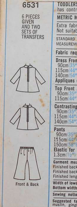 SIMPLICITY 6531 TODDLERS DRESS OR TOP & BELL BOTTOM PANTS+TRANSFER SIZE 1 YEAR CHEST 51 CM COMPLETE