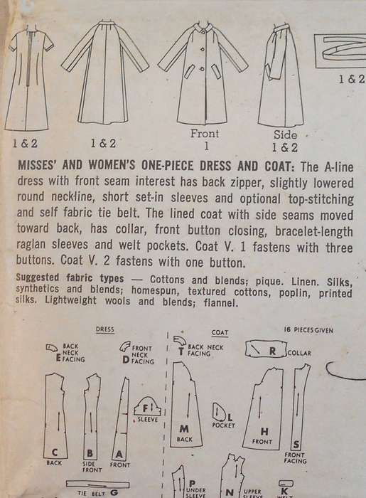 VINTAGE SIMPLICITY 6933 ONE PIECE DRESS & COAT SIZE 18 BUST 38 COMPLETE