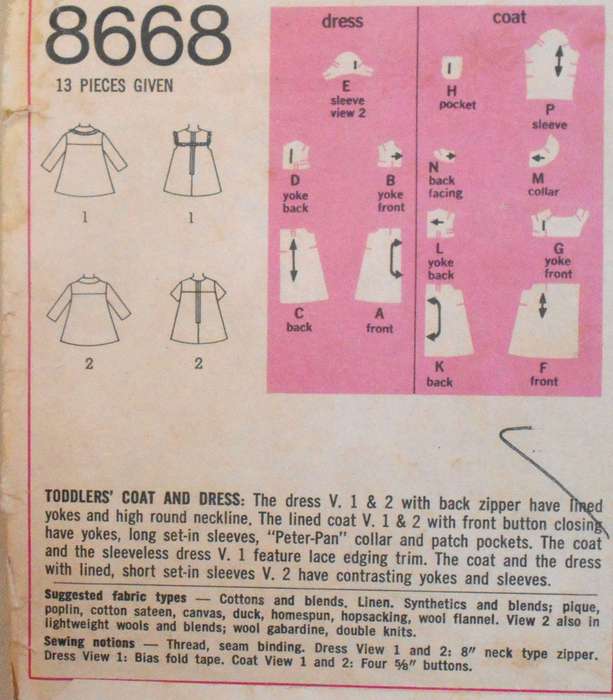 SIMPLICITY 8668 TODDLER COAT & DRESS SIZE 1 YEAR BREAST 20" COMPLETE-ZIPLOC