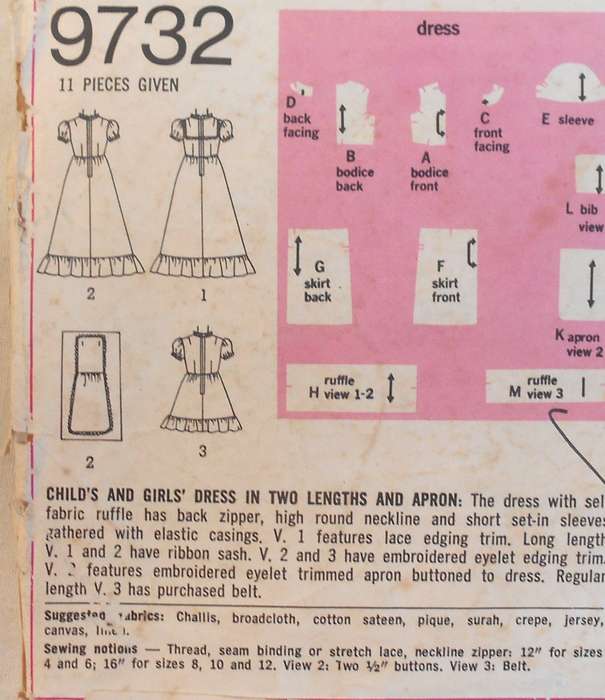 VINTAGE SIMPLICITY 9732 GIRLS DRESS & APRON SIZES 4 YEARS BREAST 23" COMPLETE
