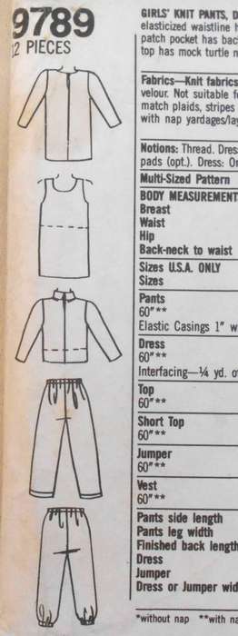 SIMPLICITY 9789 GIRLS KNIT PANTS DRESS TOP-PINAFORE-WAISTCOAT SIZES 7-14 YEARS COMPLETE UNCUT-F/FOLD
