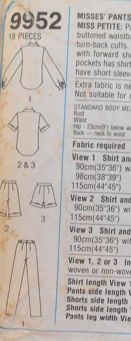 SIMPLICITY 9952 PANTS-SHORTS-SHIRT SIZE 12 BUST 87 CM SEE LISTING