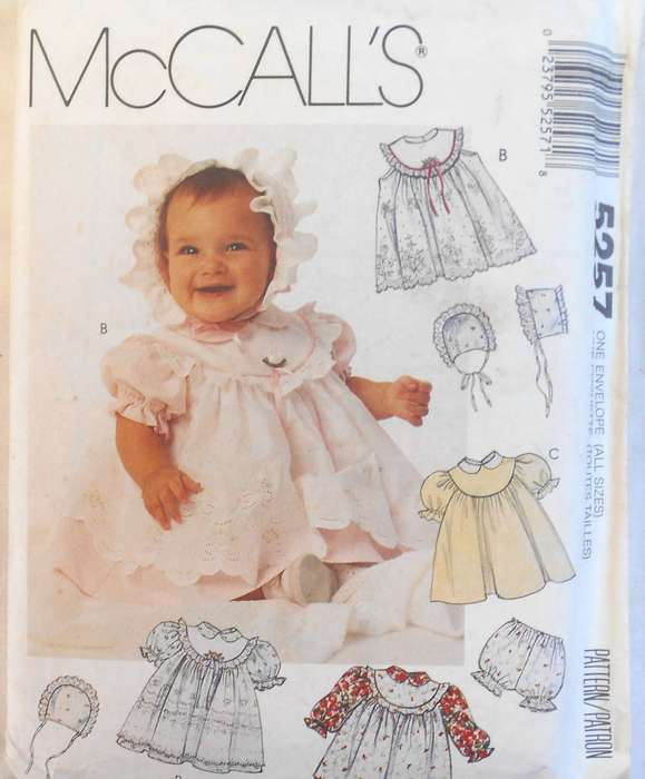 McCALLS 5257 INFANTS PINAFORE-DRESS-PANTY-BONNET SIZE NB-S-M (14-26 LB) COMPLETE-UNCUT-UNUSED-REFOLD