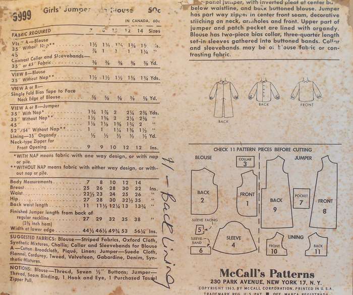 VINTAGE McCALLS 6999 GIRLS DRESS/PINAFORE-BLOUSE SIZE 7 YEARS COMPLETE IN AN ENVELOPE
