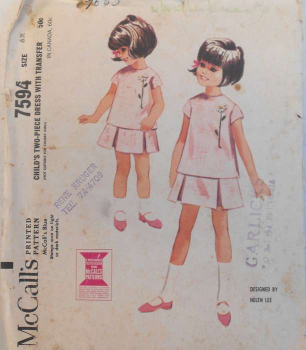 VINTAGE McCALLS 7594 GIRLS TWO PIECE DRESS+ TRANSFER SIZE 6X YEAR COMPLETE-WITH TRANSFER
