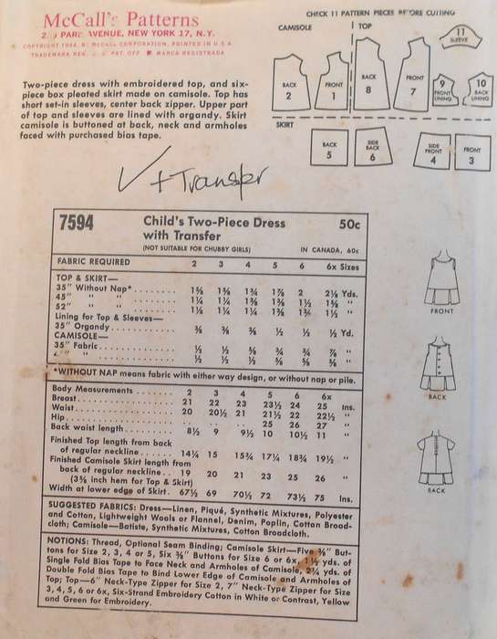 VINTAGE McCALLS 7594 GIRLS TWO PIECE DRESS+ TRANSFER SIZE 6X YEAR COMPLETE-WITH TRANSFER