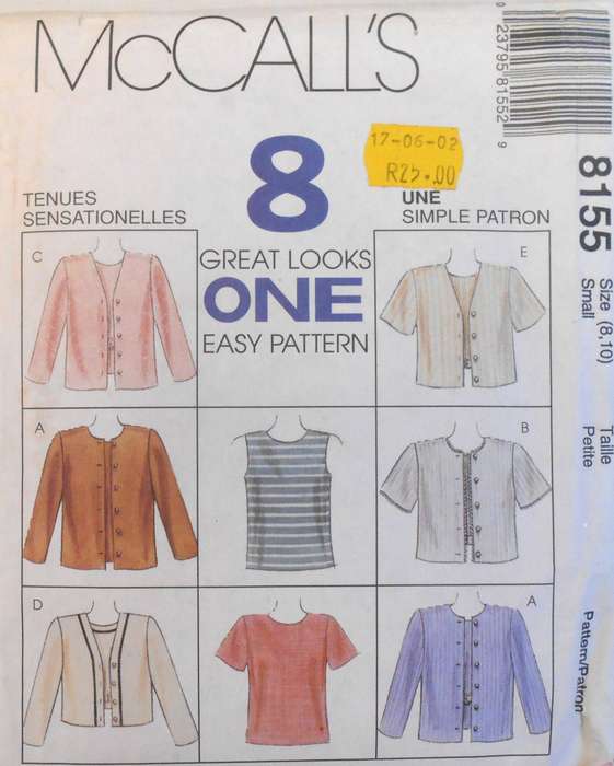 McCALLS 8155 TOP & JACKET IN 2 LENGTHS SIZE SMALL 8-10 COMPLETE