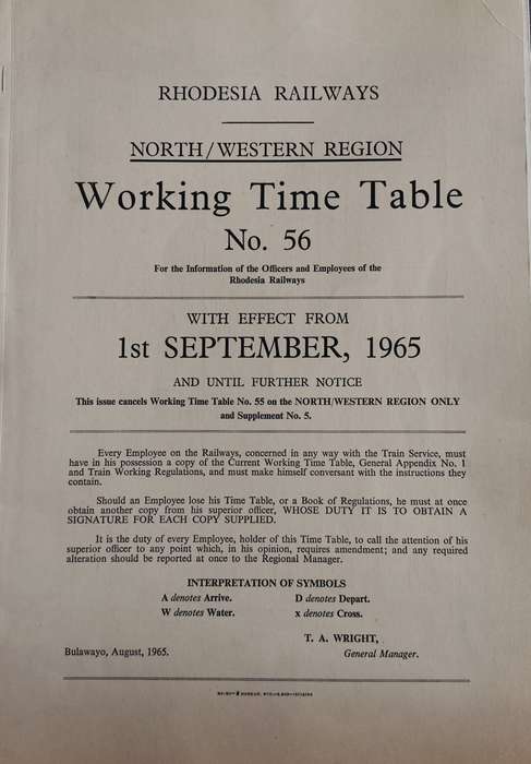 Rhodesia Railways - North/Western region time table No 56 (1965)