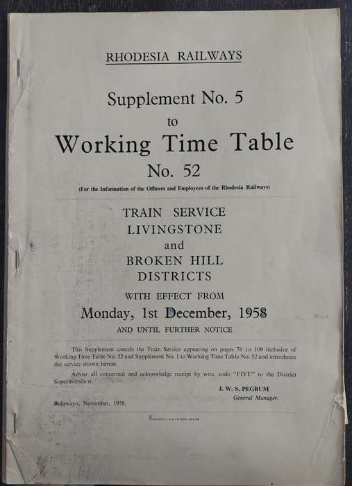Rhodesia Railways - Livingstone and Broken Hills district time table No 52 (1958)