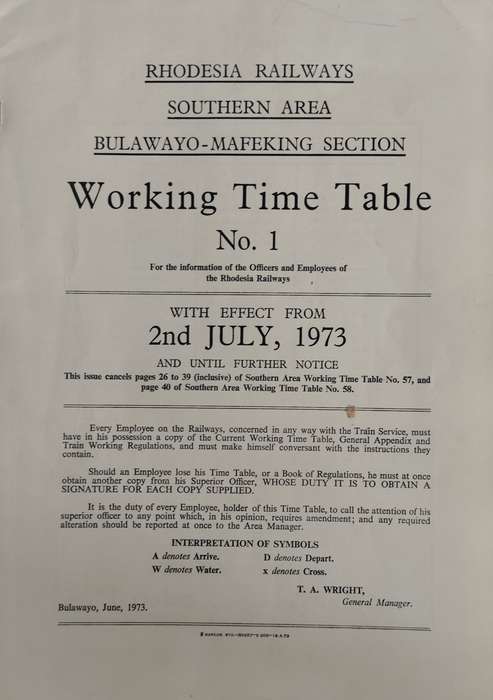 Rhodesia Railways - Southern area time table No 1 (1973)