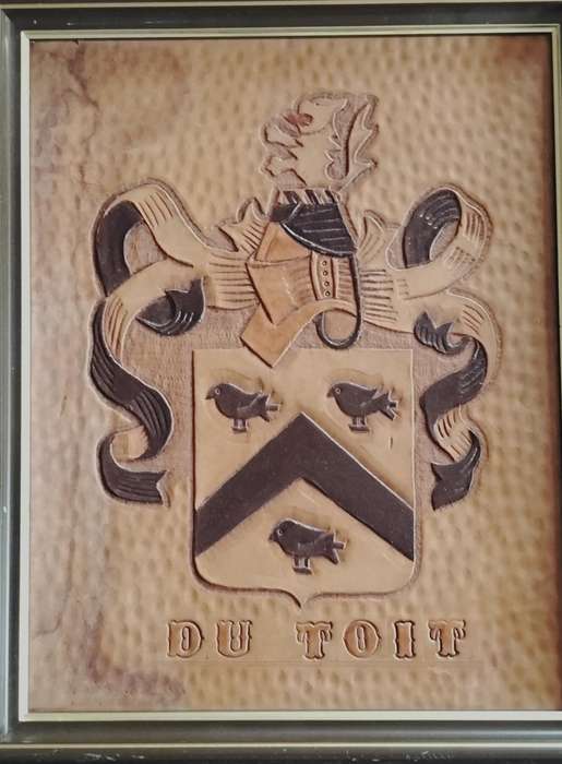Du Tout Familie wapen / family crest carved in leather (35 x 28cm)