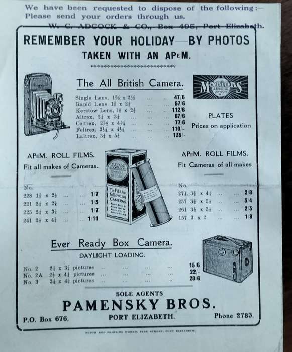 Port Elizabeth History -  Pamensky Bros / WC Adcock Musical Catalogue catalogue circa 1925 (8 pages)