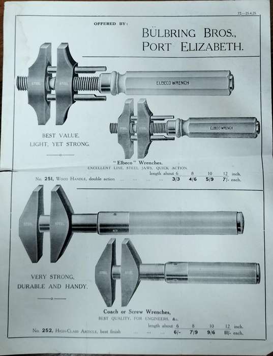 Port Elizabeth history - Elbeco screw wrenches - Advertising - Bulbring Bros 1925 (1 sheet)