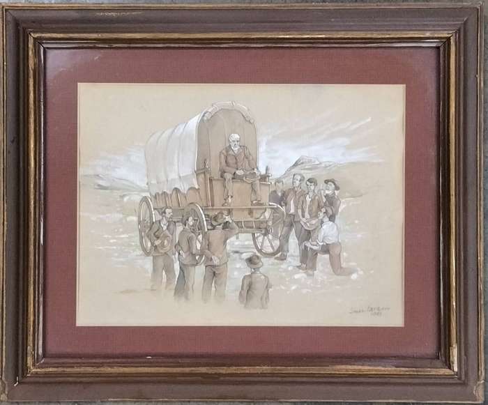 Beautiful artwork by Simon Parking (1981) - Voortrekkers with their oxwagon / ossewa /