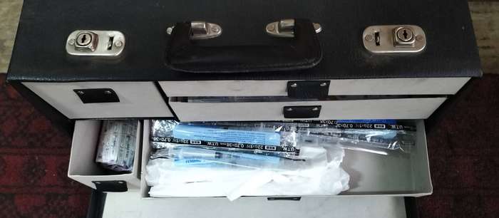 Vintage General Practitioners bandage / syringe case filled with essential medical items