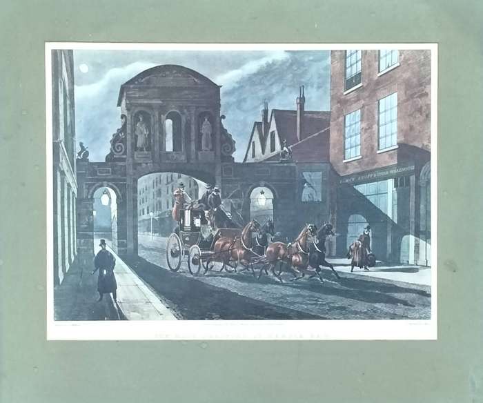 Unframed vintage print - The mail arriving at Temple Bar - Engraved by J Baily