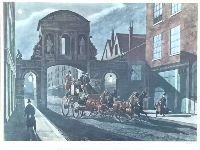 Unframed vintage print - The mail arriving at Temple Bar - Engraved by J Baily