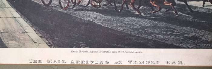 Unframed vintage print - The mail arriving at Temple Bar - Engraved by J Baily