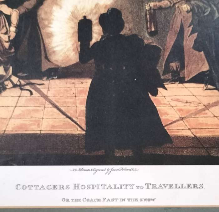 Unframed vintage print - Cottagers hospitality to travellers - drawn & engraved by Pollard