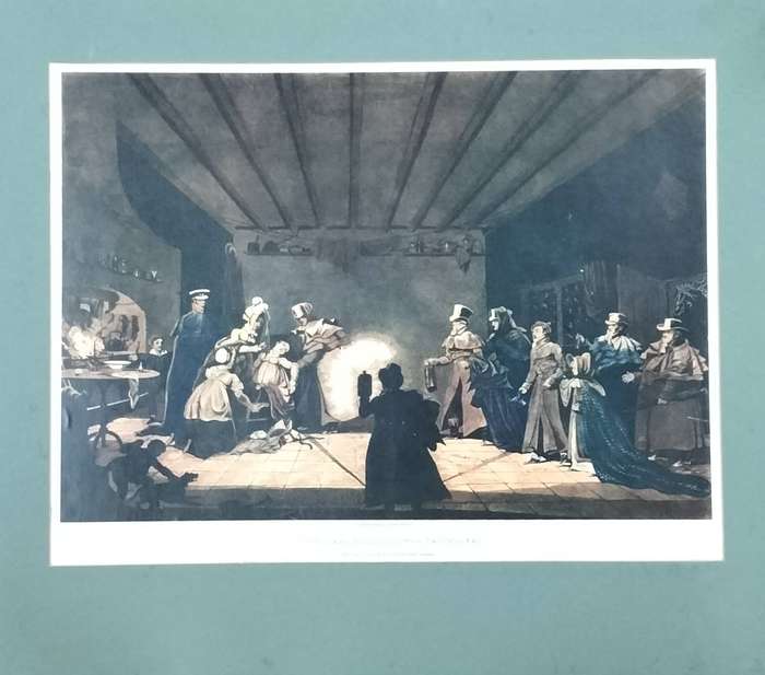 Unframed vintage print - Cottagers hospitality to travellers - drawn & engraved by Pollard