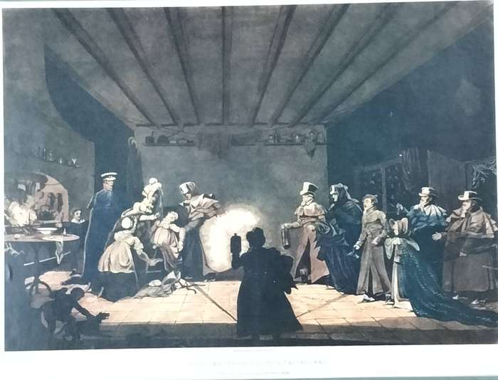 Unframed vintage print - Cottagers hospitality to travellers - drawn & engraved by Pollard