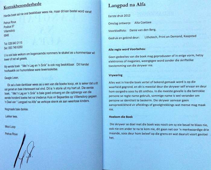 LANG PAD NA ALFA - Petrus Roux - Boek geteken deur Skrywer