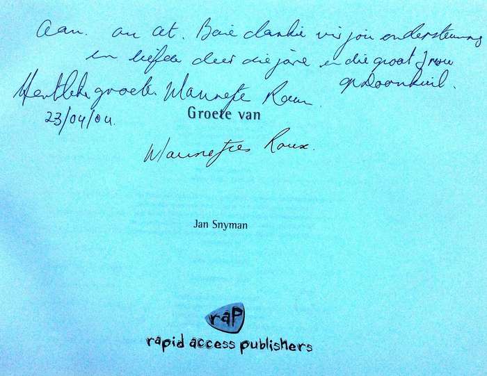 Groete van MANNETJIES ROUX-Jan Snyman-Hardeband  Oorspronklike handtekening van Mnr Mannetjies Roux