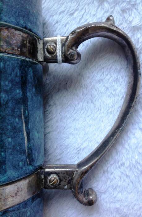Beer Tankard - Green-Blue Colour with beautiful pewter handle and bands