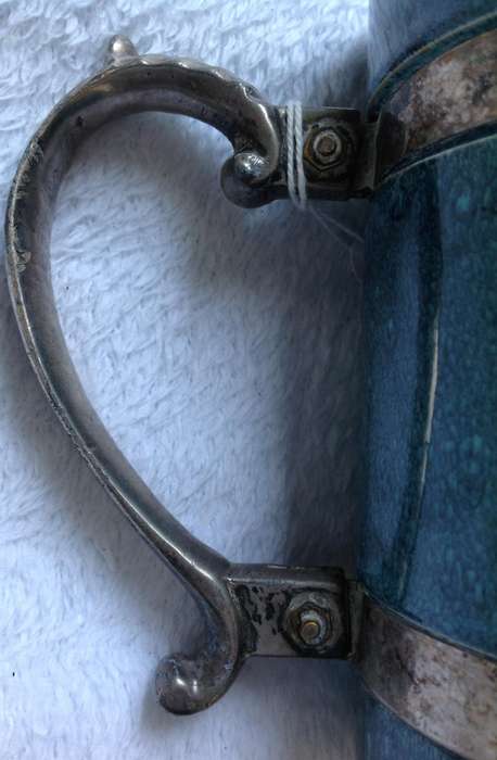 Beer Tankard - Green-Blue Colour with beautiful pewter handle and bands