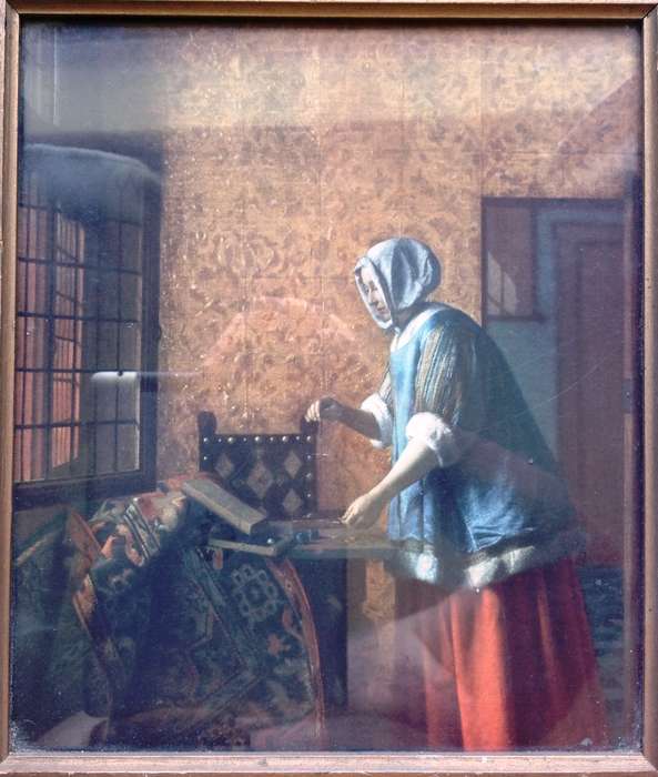 Pieter de Hooch print - Woman weighing gold and silver coins - print by The Medici Society Limited