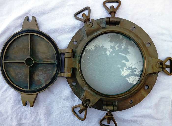 Vintage PAIR of ships brass portholes from Foundry Fontanini 1933, Udine, Italy
