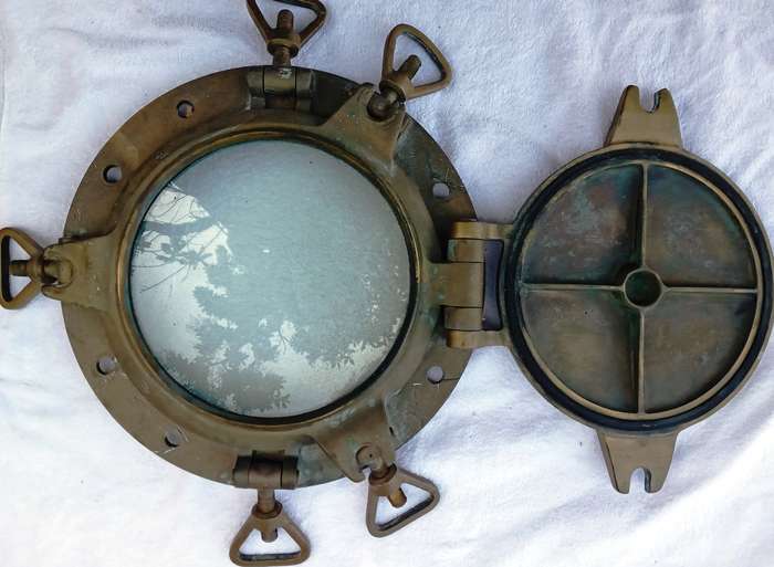 Vintage PAIR of ships brass portholes from Foundry Fontanini 1933, Udine, Italy