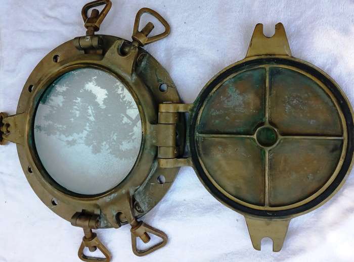 Vintage PAIR of ships brass portholes from Foundry Fontanini 1933, Udine, Italy