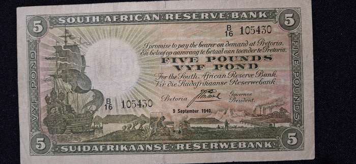 J POSTMUS 5 POUND 9 SEPTEMBER 1940 - B16 - 105430 VAN RIEBEECK WTM E/A 1st ISSUE