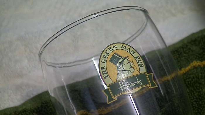 Harrods Green Man Pint Glass, new, boxed with towel