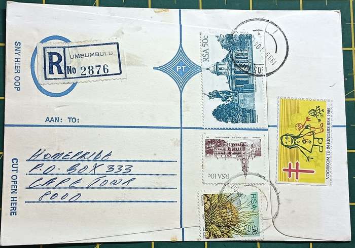 RSA Registered Letter 1985 11c & 50c Architecture, TB Cinderella Card