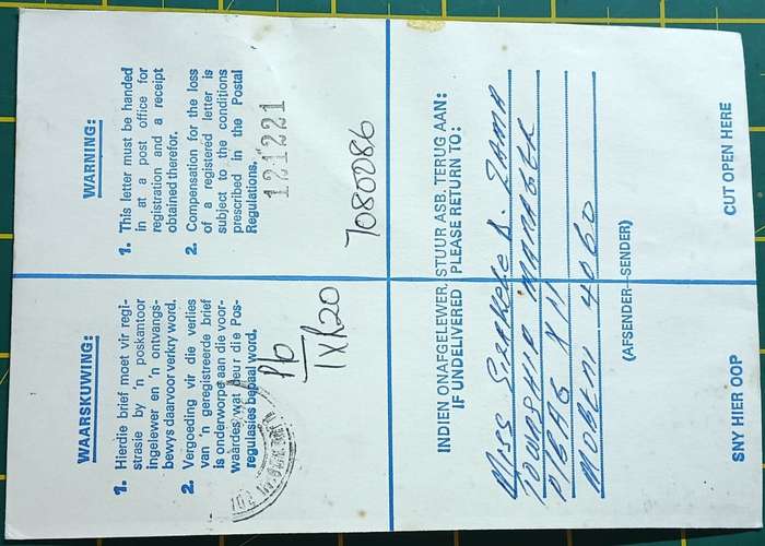 RSA Registered Letter 1985 11c & 50c Architecture, TB Cinderella Card