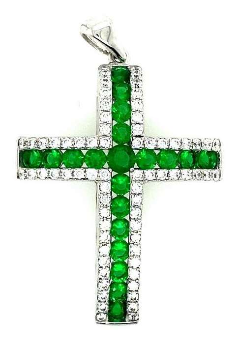 CROSS: simulated diamonds  Green & clear Cz, 21.5x28.4mm, sterling silver  GLAMOROUS. Last one!