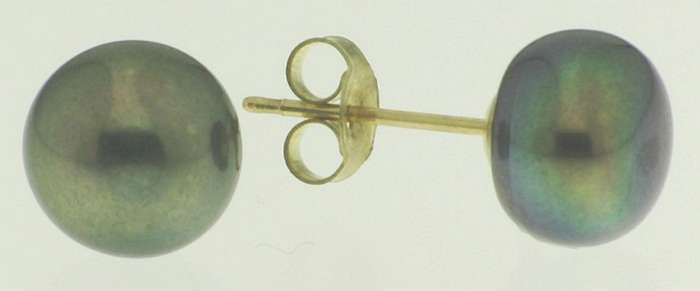 9k / 9ct gold & pearl stud EARRINGS: peacock, 9-9.5mm