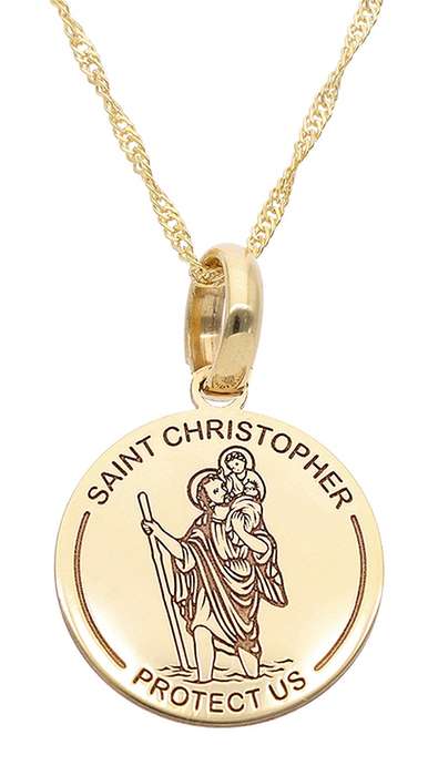 9k / 9ct gold round Saint Christopher disc, 10mm, flat, etched