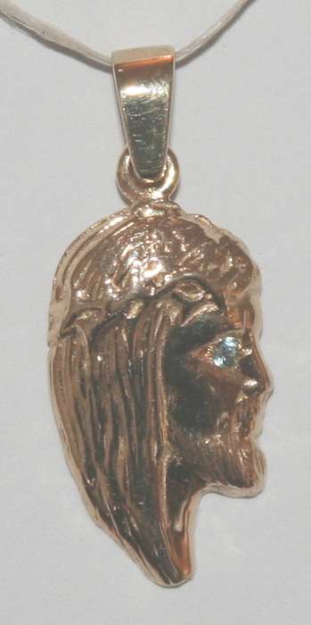 9k / 9ct gold face of Christ PENDANT: blue topaz eye. Ready for you. Last one!