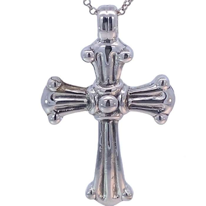 CROSS: etched, bulky, flared, 41x65mm, sterling silver  UNIQUE. Last one!