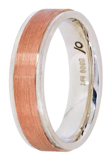 Designer wedding BAND: 9k / 9ct rose gold & Argentium silver, 6mm wide, flat, brushed, rim a STUNNER