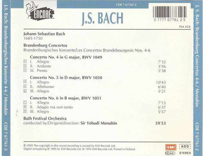 Bach - Brandenburgische Konzert Nr. 4-6 CD Import