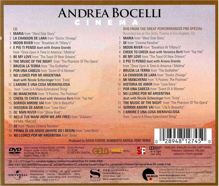 Andrea Bocelli - Cinema CD & DVD Import Sealed