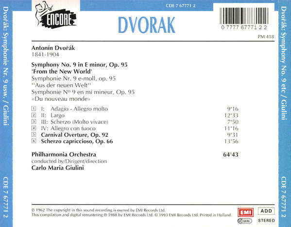 Dvořák - Symphony No 9 / Giulini CD Import Sealed